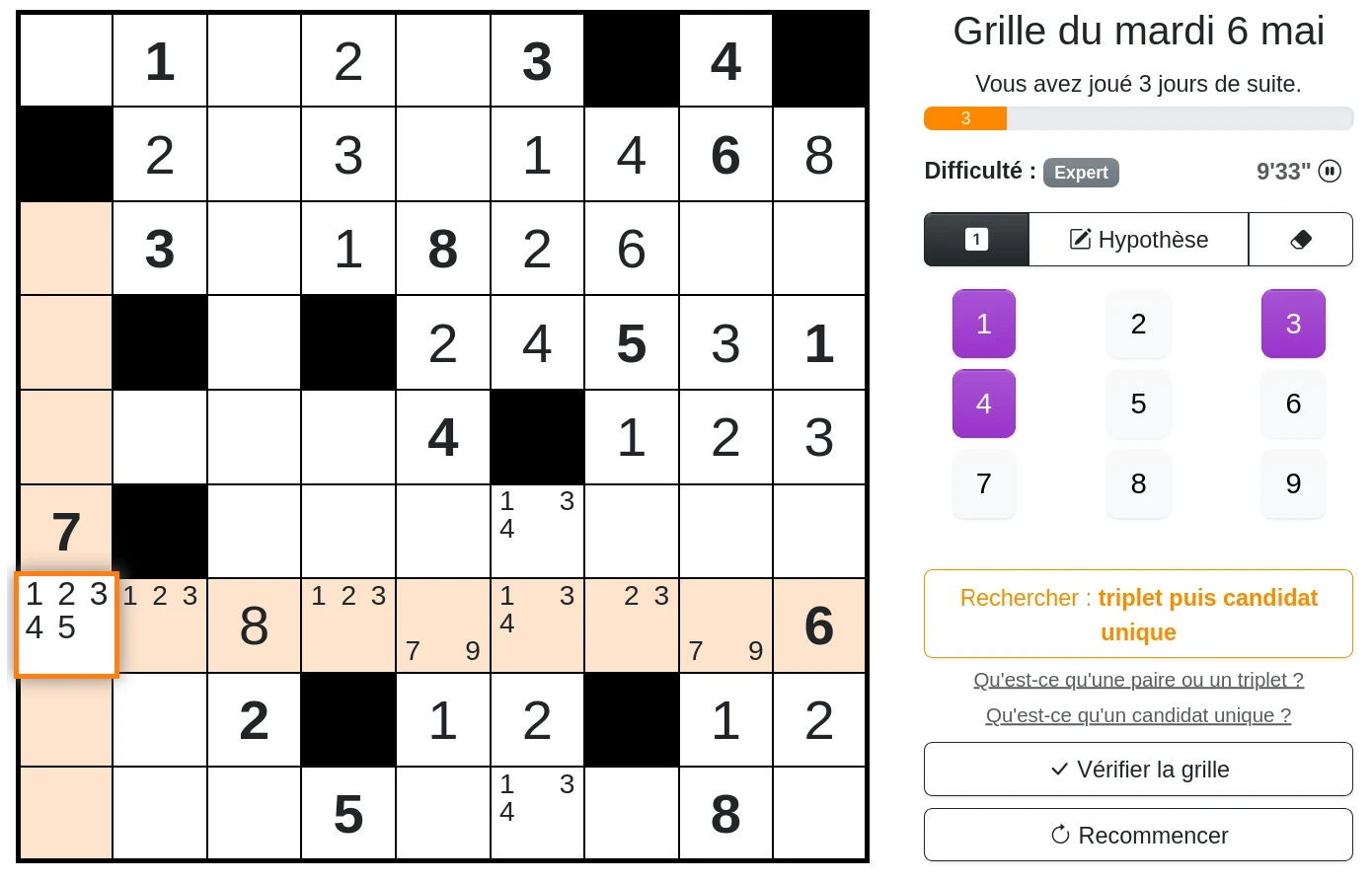 La grille une fois les hypothèses de la paire cachée retirées, le 5 est ici un singleton caché