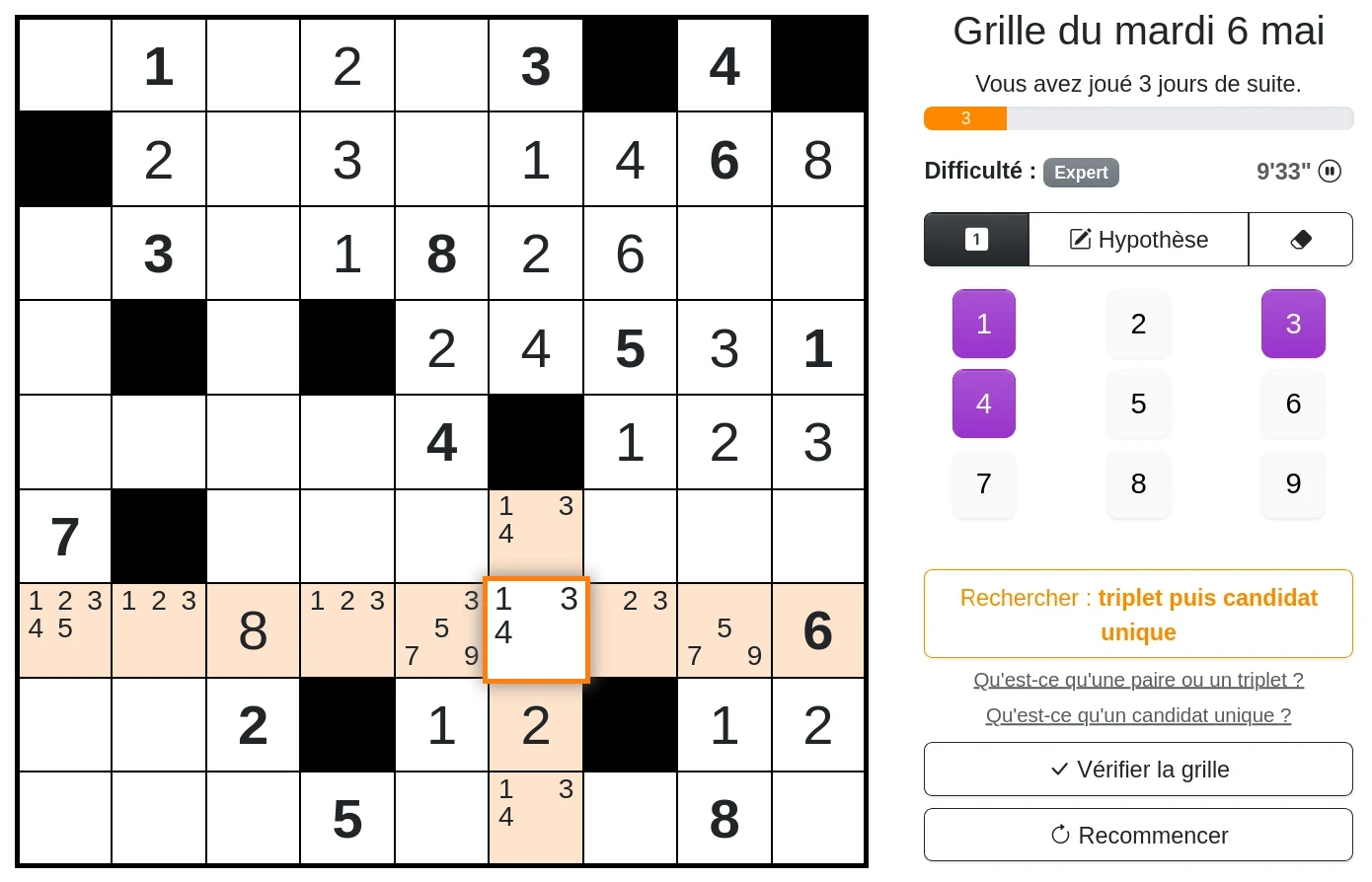 La grille avec les hypothèses remplies